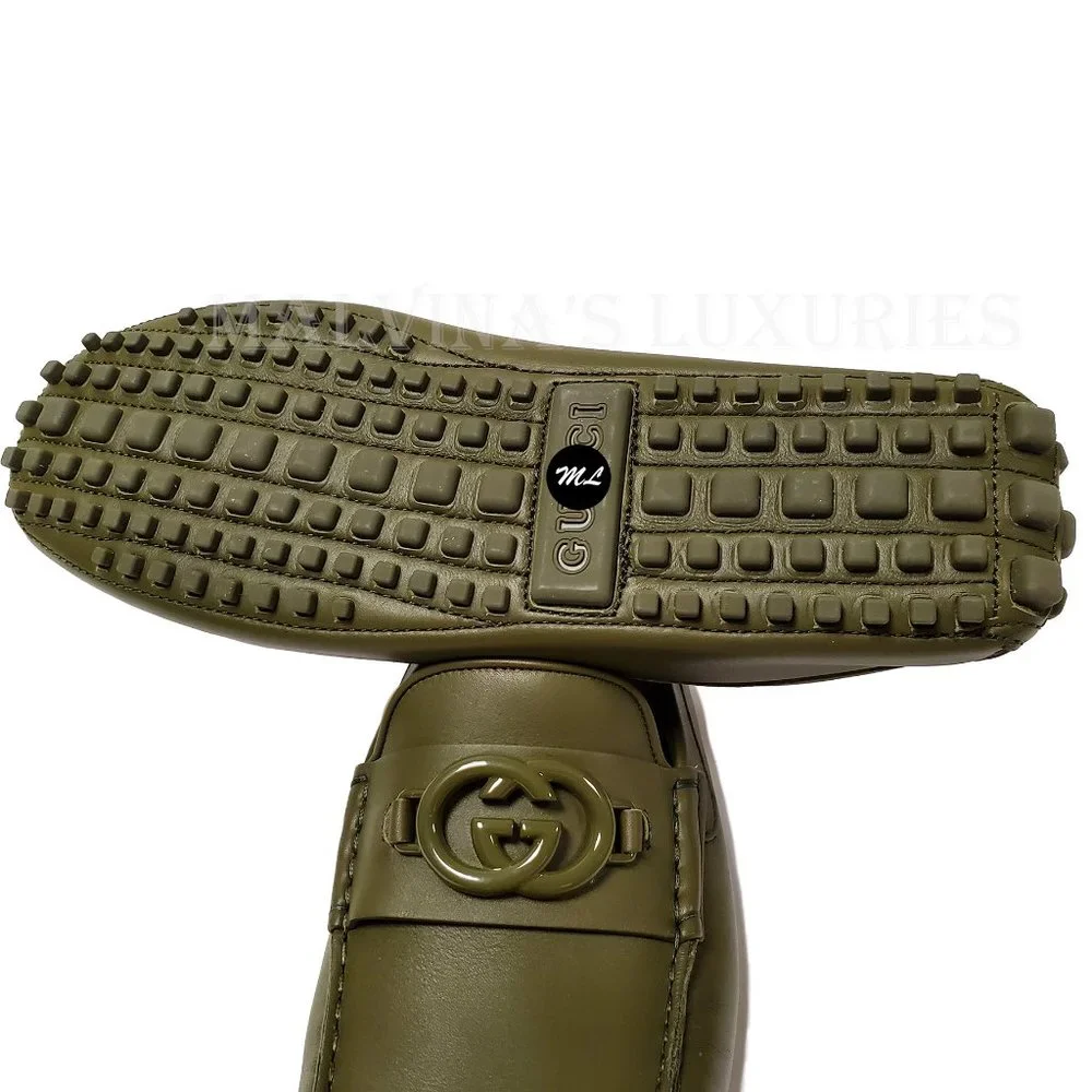 GUCCI SHOES MENS LOAFERS MOCCASINS G LOGO GREEN LEATHER sz 9G 9.5